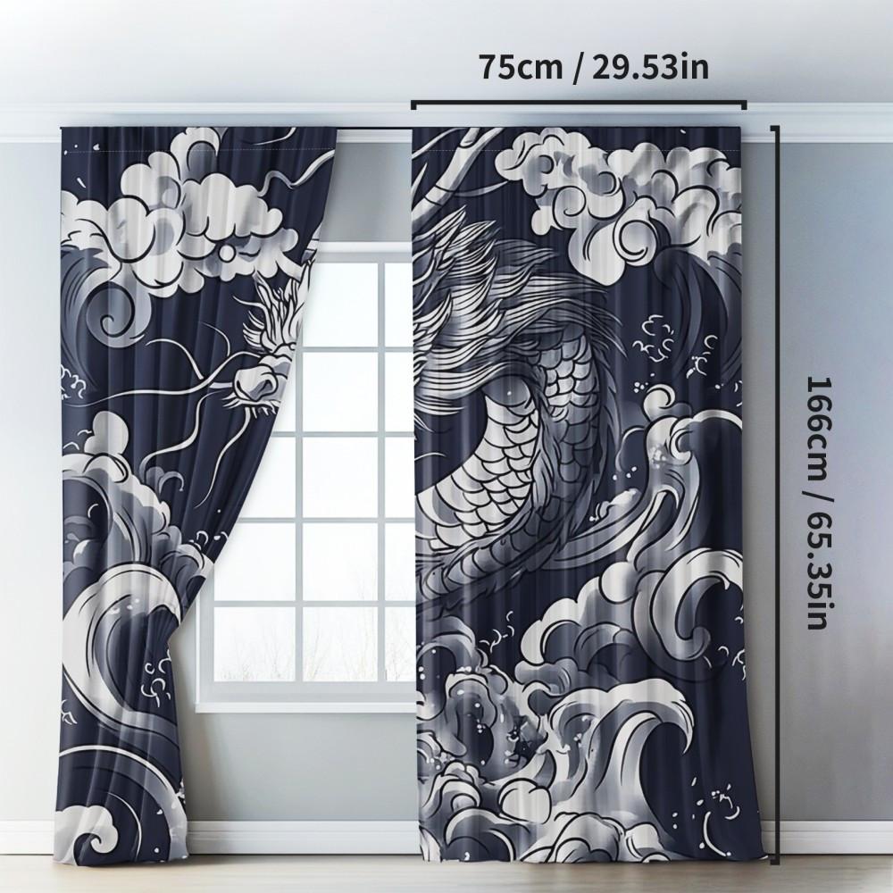 2PC Classic Asian Dragon Blackout Curtains – Chinese Dragon & Japanese Wave Design   Polyester for Bedroom