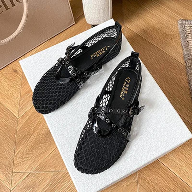 Fashion Air Mesh Breathable Ballet Flats Women Fashion Rivet Belt Buckle Design Flat Shoes for Women Light Cozy Summer Casual Sneakers