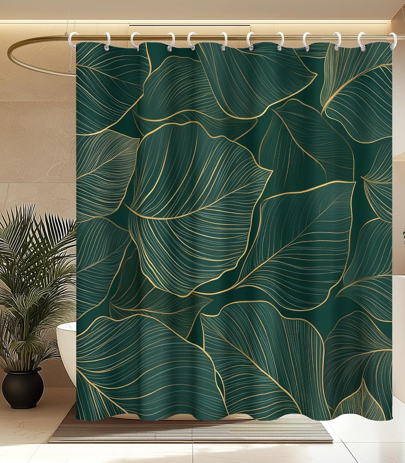 Luxury Green Leaf Pattern Waterproof PEVA Fabric Shower Curtain with Hooks Gold Line Art Tropical Plant Design Bathroom Decor 90x180cm35x71in