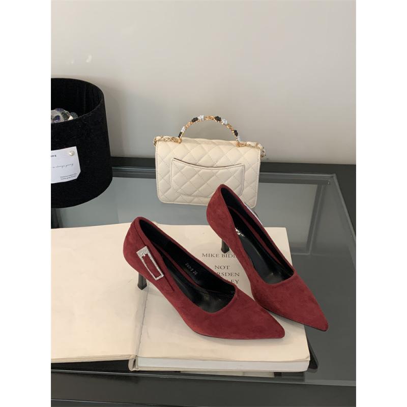 2025 spring and autumn new fashion versatile pointed heel high heels women's suede single shoes work shoes temperament women