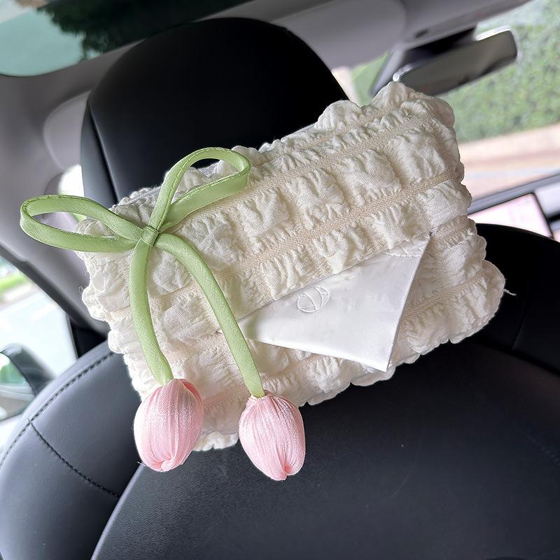 

Car Tulip Puff Tissue Box Car Creative Paper Box Tissue Hanging Bag Armrest Box Car Interior Decoration розовый