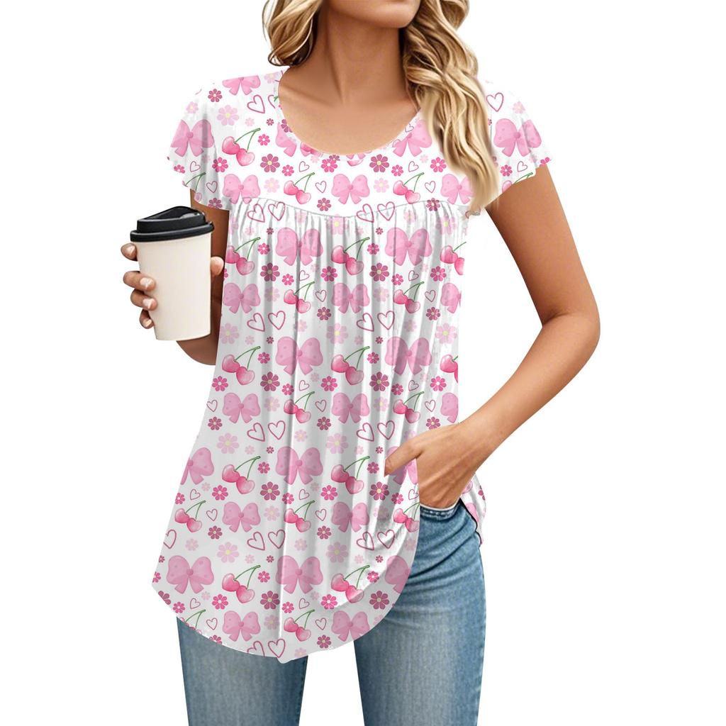 Women's Round Neck Short Sleeve Mid Length T-Shirt Loose Casual Short Sleeve T-Shirt Top