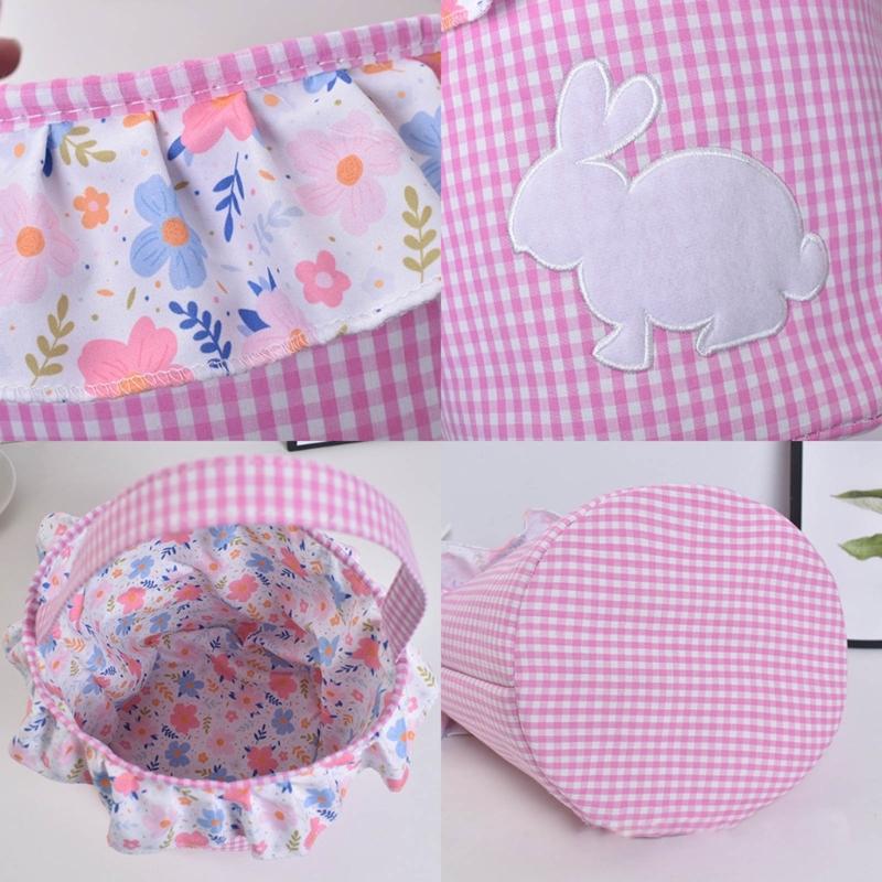 Reusable Fabric Easters Bucket Rabbit Print Decorative Bin Eggs Hunt Organizers Basket For Treats Storage Holiday Gifts