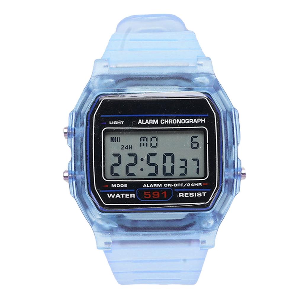 Digital Sports Watch LED Backlight Unisex Multifunctional Waterproofing Fashion Electronic Watch Transparent Blue