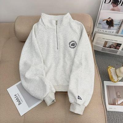 Damen Amerikanischer Retro Bestickter Halb-Zip Stehkragen Pullover mit Plus Samt – Dick, Langärmliger Pullover für Herbst und Winter.