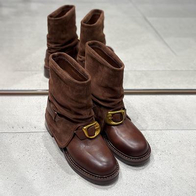 Sheepskin Version~ Zhao Ruth Has the Same Handmade Round Head Belt Buckle Martin Boots for Women's Retro Comfortable Thick Heel Trousers and Short