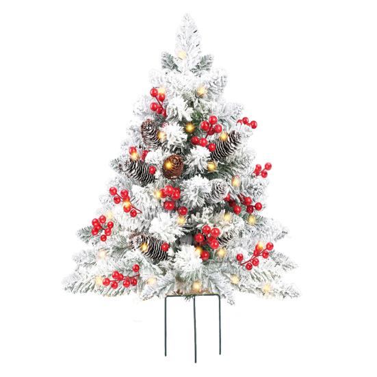 23 Inch Lighted Artificial Christmas Urn Filler Pre-lit Xmas Pine Tree with Cones Red Berries Tripod Stake And LED Light Outdoor Porch Planter Filler