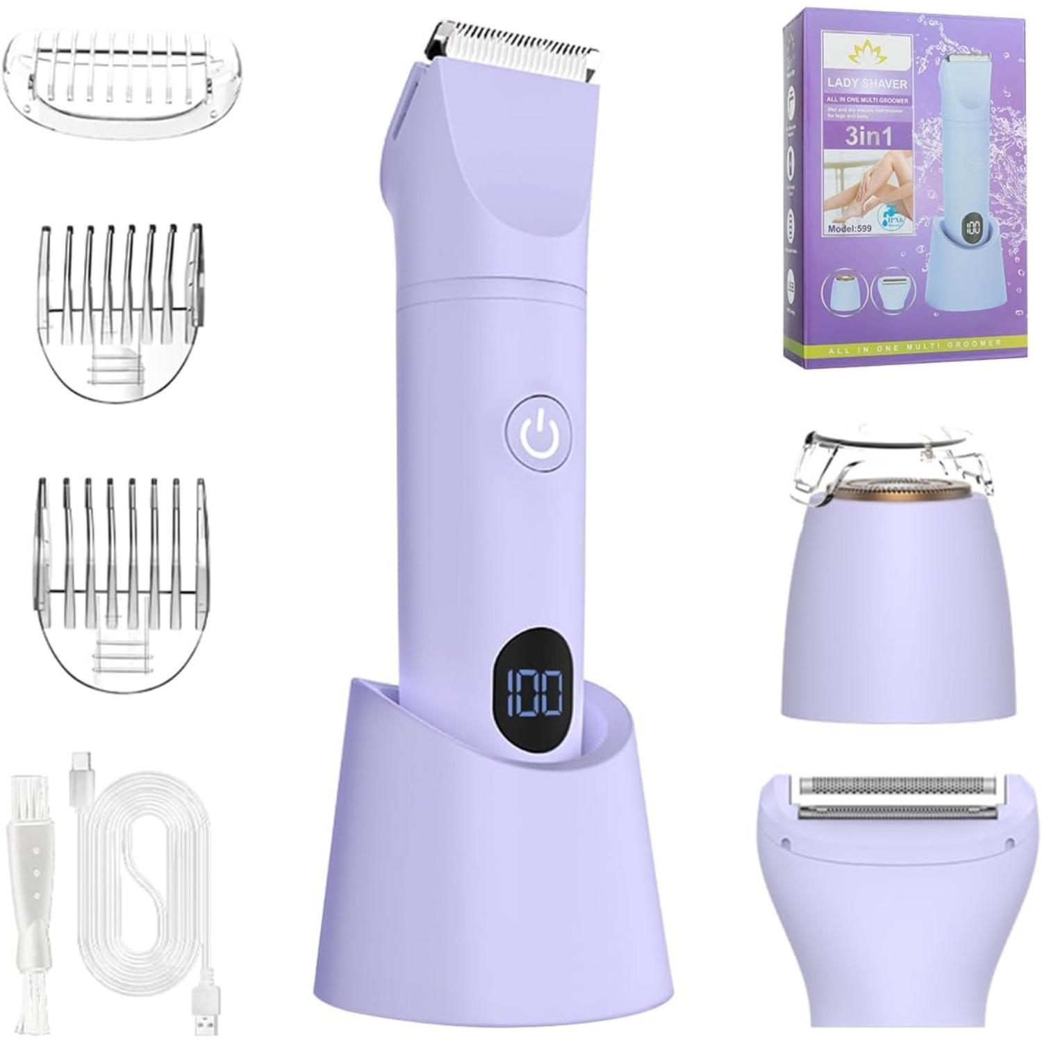 

RNKR Bikini Trimmer for Women, 3 in 1 Rechargeable Electric Razor with LCD Display, Waterproof Pubic Hair Trimmer and Facial Hair Remover фиолетовый