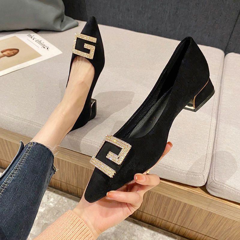 2025 spring and autumn new pointed tip shallow mouth single shoes women's season thick heel rhinestone metal buckle versatile soft leather flat 