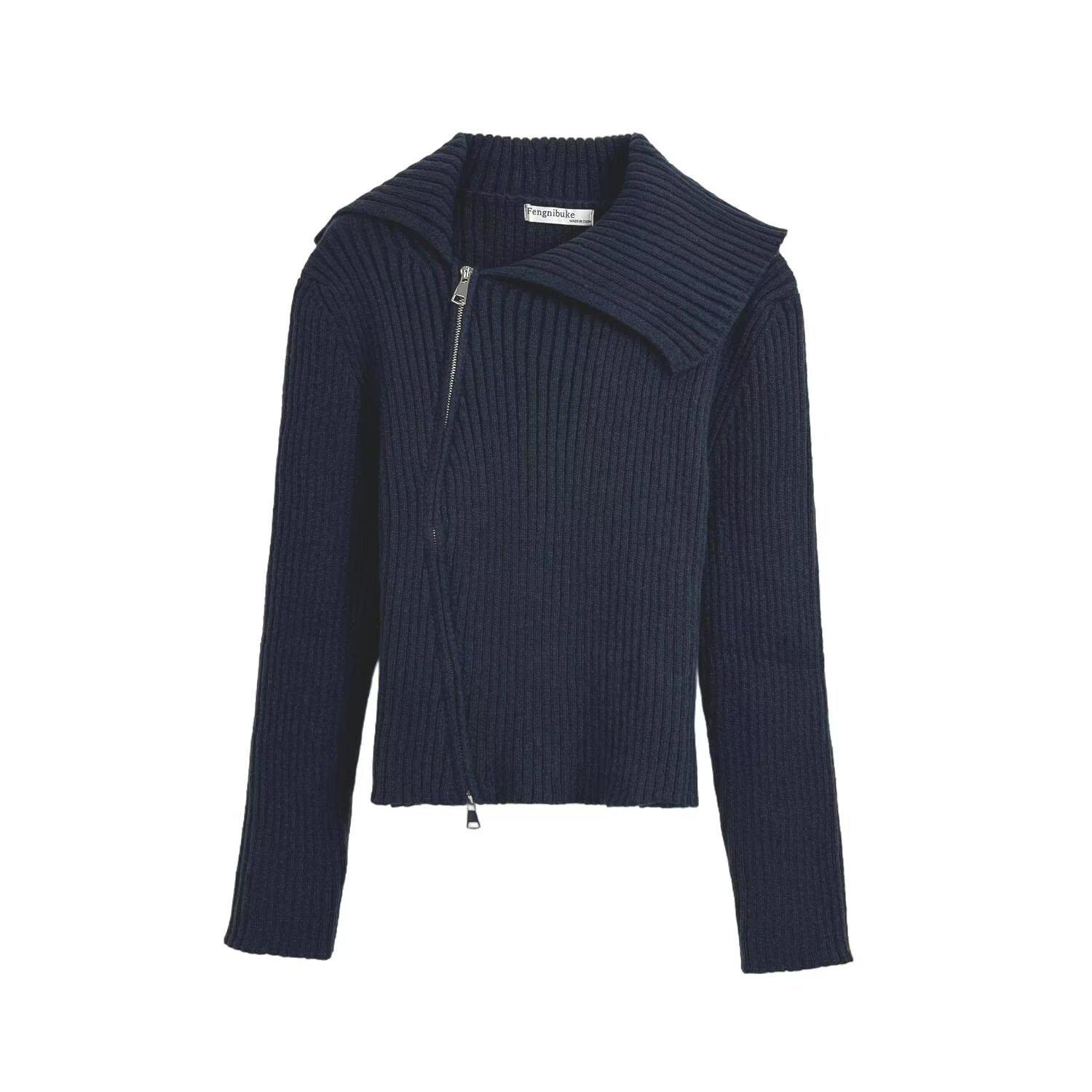 European & American Women s Asymmetrical Zipper Lapel Ribbed Knit Short Jacket Small темно-синий