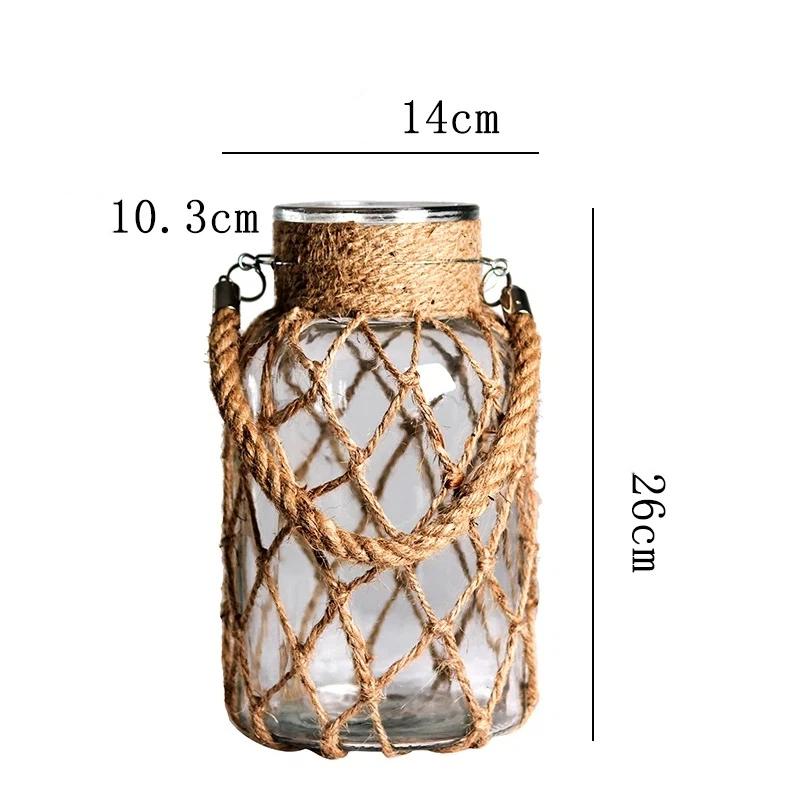 Rustic Hanging Glass Vase with Rope Net – Transparent Flower Vase with Hemp Rope for Home, Living Room & Table Decoration