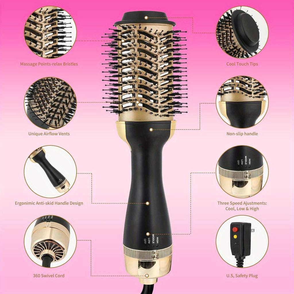 4-in-1 Hot Air Brush for All Hair Types – Professional Volumizer and Styler with Curly Iron, Straightener, and Dryer Attachments, Ergonomic Handle