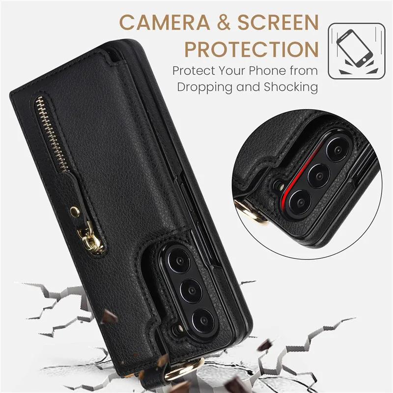 PU Leather Ring Zipper Wallet with Card Holder Phone Case for Samsung Galaxy Z Fold 6 5 4 3 Fold6 Fold5 Fold4 5G Kickstand Cover