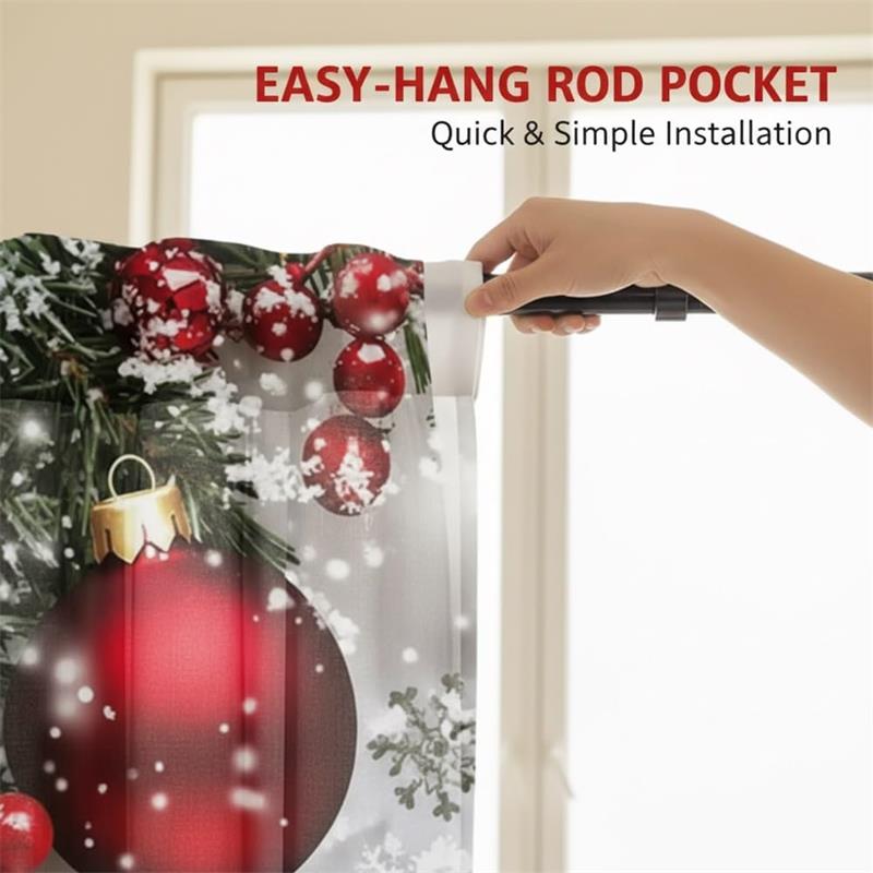 Christmas Ball Holiday Printed Curtains, 2 Pieces 2D Flat Printed Red Luxury Xmas Print Curtains with Snowflakes for Holiday Party Decor