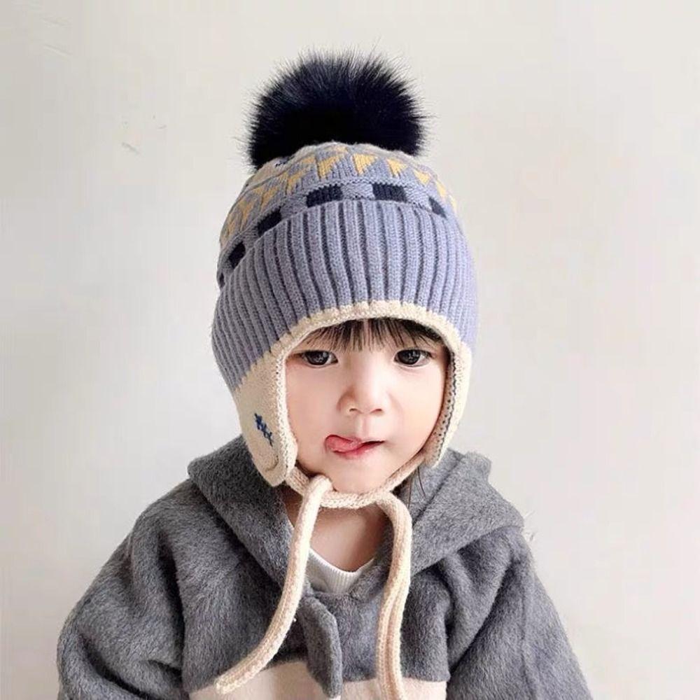 Jacquard Baby Knitted Hat Hairball Kids Earmuffs Cap Fashion Children Beanies Cap  Windproof