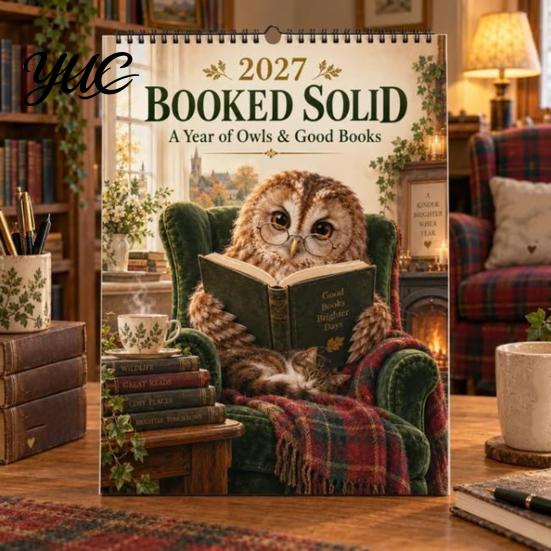 Decorative Wall Hanging for Study 2027 Calendar with Cute Owl Reading Illustrations, Retro Oil Painting Style Monthly Schedule Organizer Home Planner