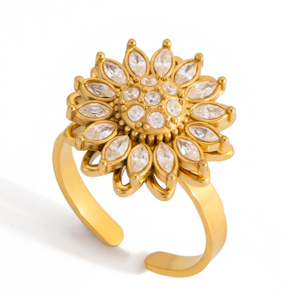 Yori Women's Sparkling Cubic Zirconia Flower Rotating Opening Ring Stainless Steel Trending Finger Jewelry Accessories Gift