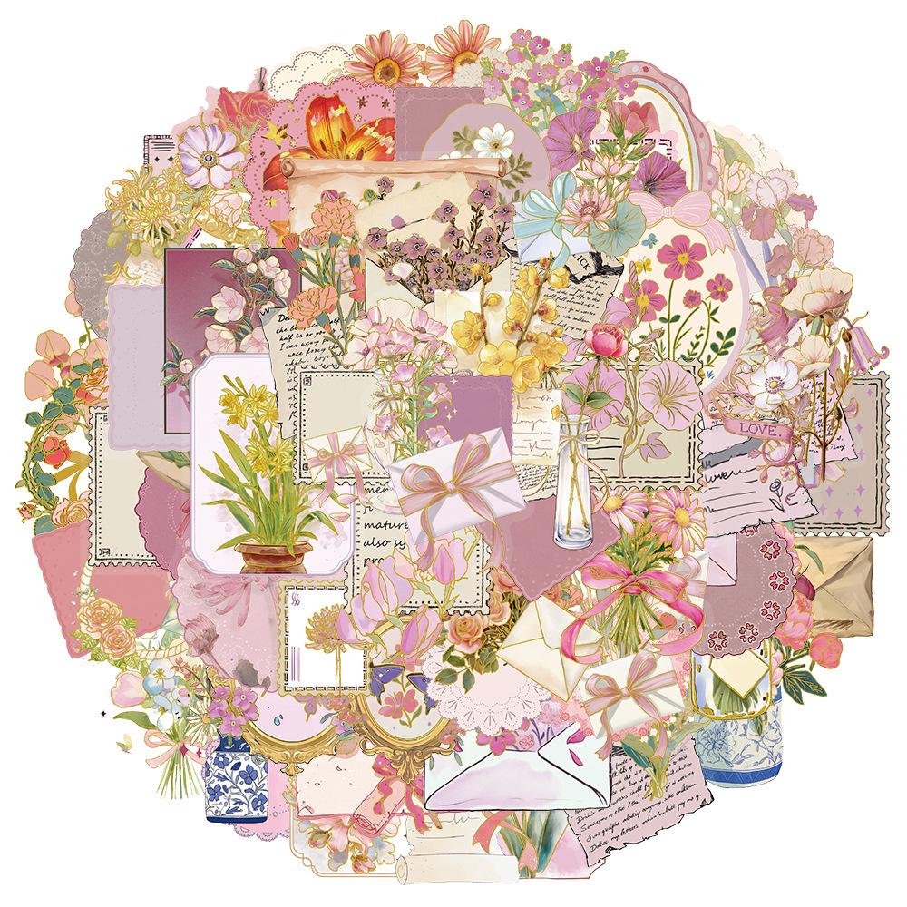 

50-Piece Set of Flower Hot Stamping PET Transparent Stickers for Insulated Cups, Phone Cases, and Computers