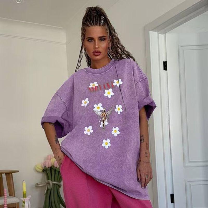 

Мода Новое поступление Мода Стирка Вода Свободный Потертый Повседневный Принт Футболка Топы Свободная Футболка с принтом Purple S