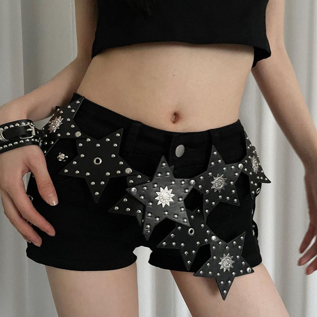 Vintage Punk Style Star Pu Leather Wide Waist Belt With Durable Buckle For Girls