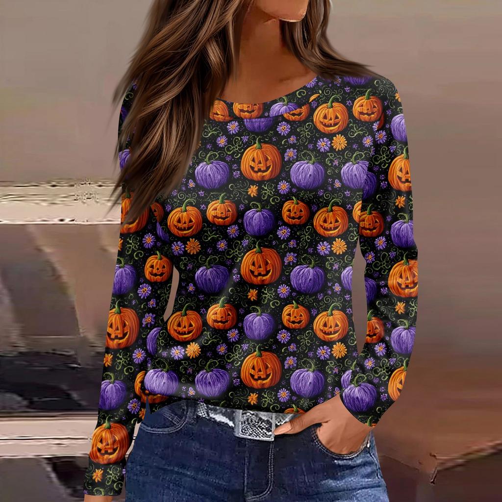 Mote Casual Langermet Trykk Rund Hals Pullover Topp Bluse for Kvinner