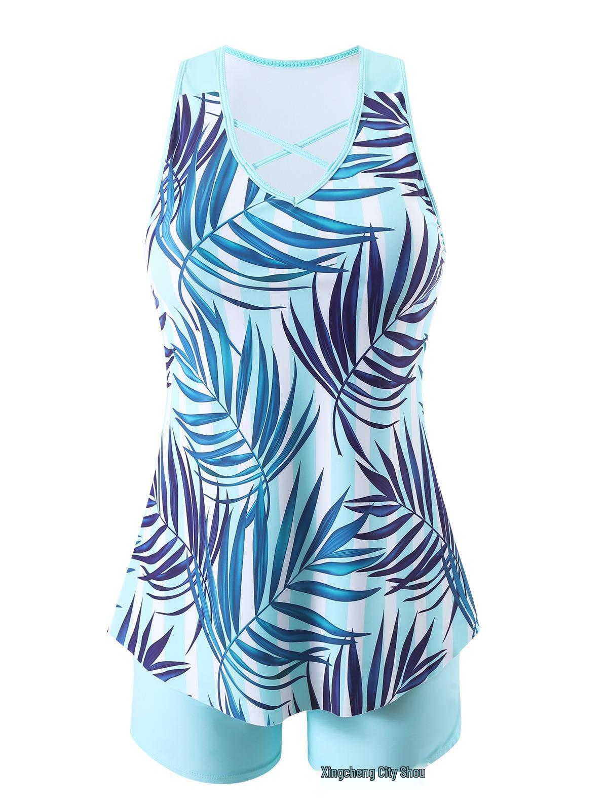 

2025 Европейский и американский купальник танкини больших размеров с контролем живота 5XL синий