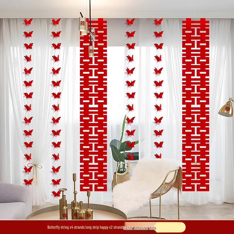 Wedding Room Decor Set: Double Happiness Curtains, Butterfly Ornaments, Stickers for Bride's Bedroom