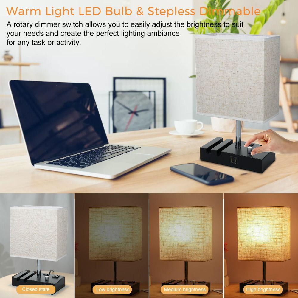 Fabric Lampshade LED Desk Light Warm White LED Bulb Table Lamp Eye-Caring Desk Light Bedroom