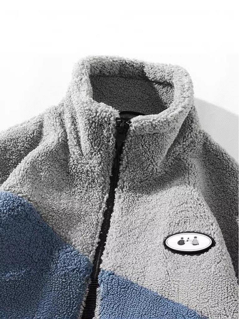 Men's Trendy Lamb Wool Jacket: Autumn/Winter Stand-Up Collar, Color Block Design, Unisex Fleece Coat