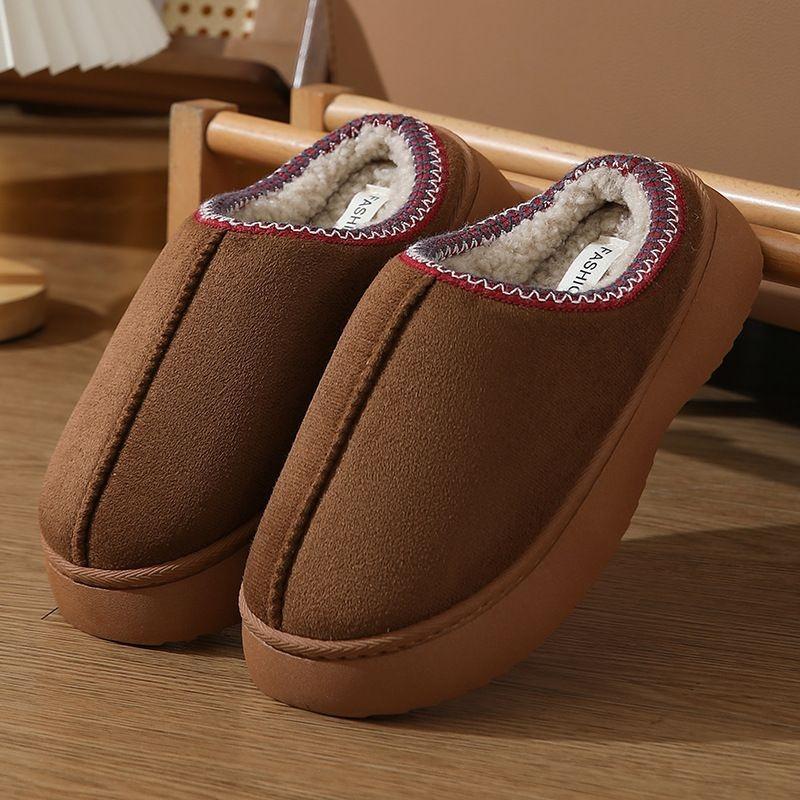 Solid Color Imitation Deerskin Velvet Splicing Home Slippers Thick Bottom Non-slip Lightweight Warm Cotton Women Thickened Warm