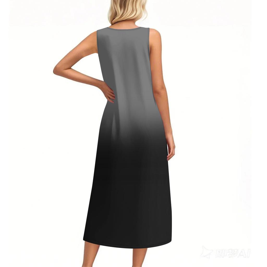 Women's Summer Gradient Print Dress Sleeveless Button Down Casual Loose Long Beach Sundress