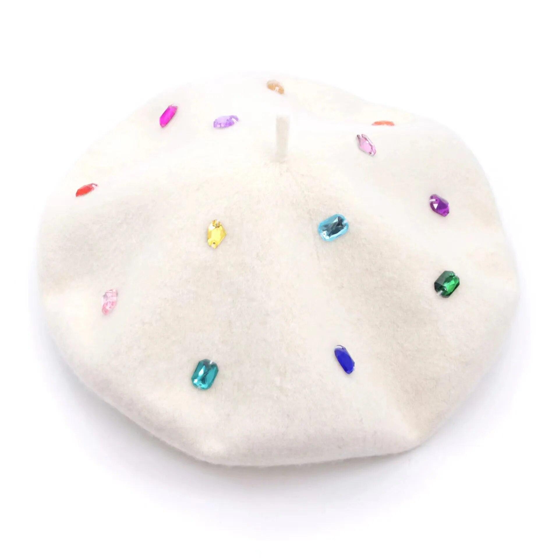 

COKK Winter Hat Women Wool Beret Painter Cap Rhinestone Beads Beret Femme Boina Gorro Chapeau Femme Black White Wholesale New