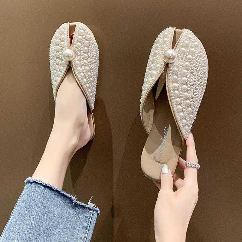 Baotou half slippers women's summer wear 2025 new Korean version of pearl fairy wind flat bottom soft bottom lazy cool slippers