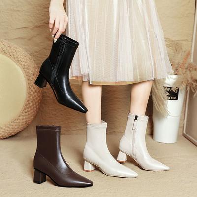 High Heel Short Boots Spring and Autumn Single Boots Year Small Square Head Thick Heel Skinny Boots Brown French Medium Boots