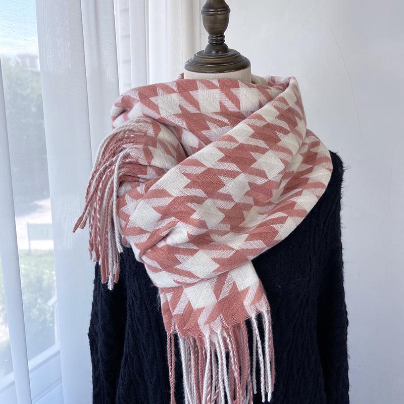 Women's Medium-Length Houndstooth Scarf - Warm, Sweet Style, Imitation Cashmere, Tassel Snood, Thick Shawl