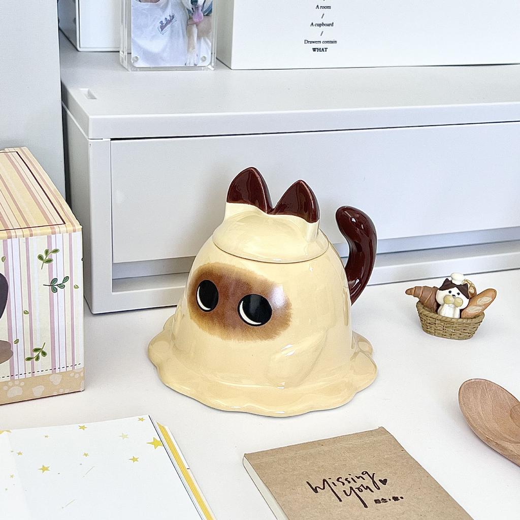Cute Siamese cat ceramic mug with lid for girls' birthday gift girlfriend souvenir cat cup gift box