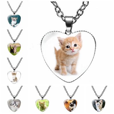 Nette Haustier Katze Herz Anhänger Halskette Kätzchen Katze Tier Glas Halsketten Für Frauen Mode Metall Feine Kette Schmuck Geschenk