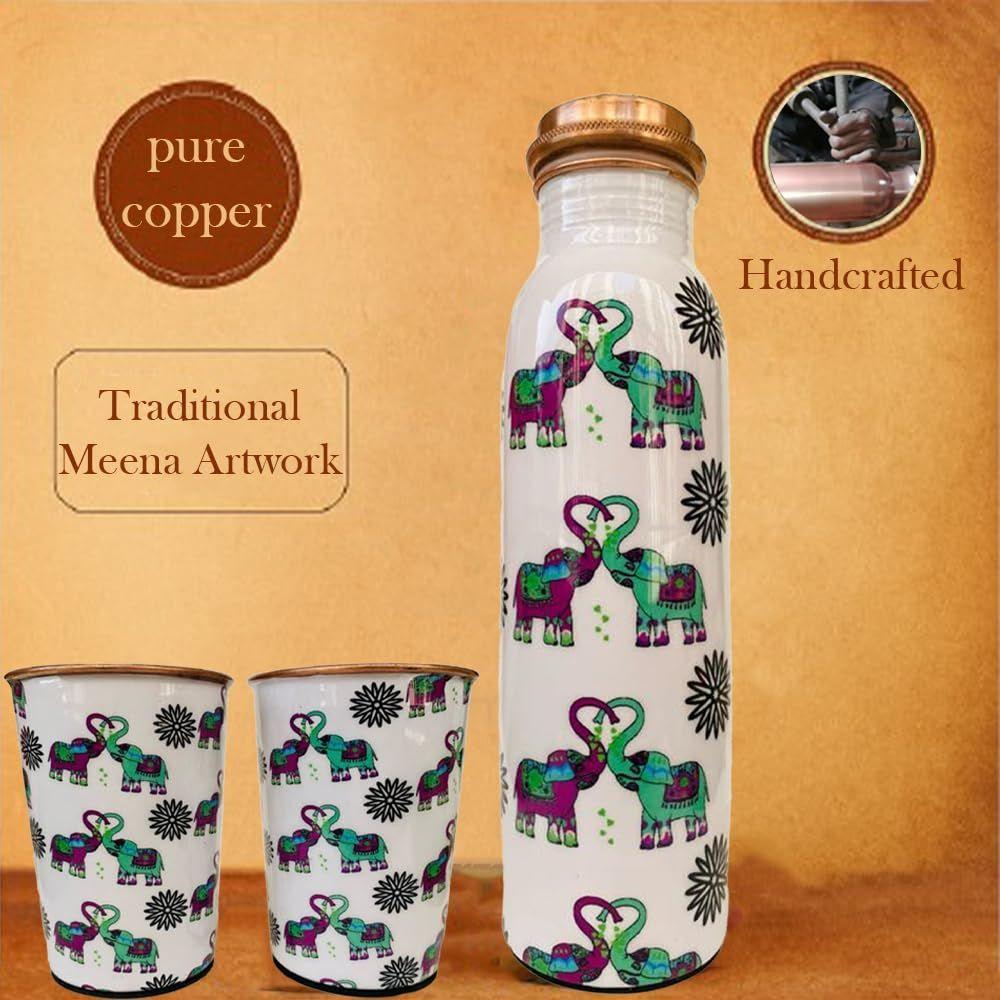Elephants In Love Artistic Copper Water Bottle Set | Handcrafted Tamba Bottle with 2 Glasses | Premium Copper Water Bottle