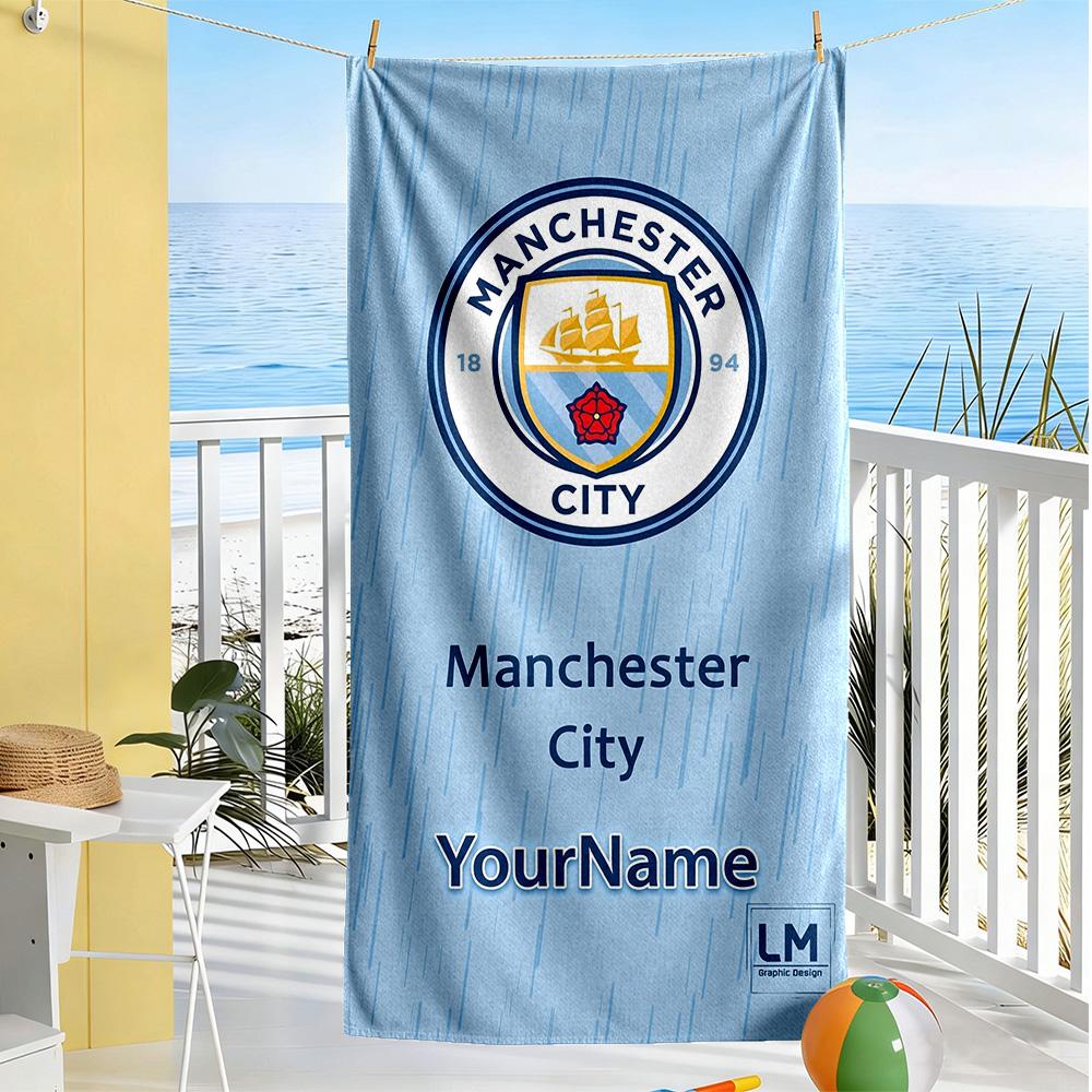 Manchester City Customize Text Beach Towel Soft Durable Quick-Dry Suitable for Swimming Gym Camping Yoga Vacation