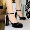 Korean Style Square Head Hollow One-Button High Heel Sandals Waterproof Platform Thick Heel Patent Leather Shiny Fashion Shoes
