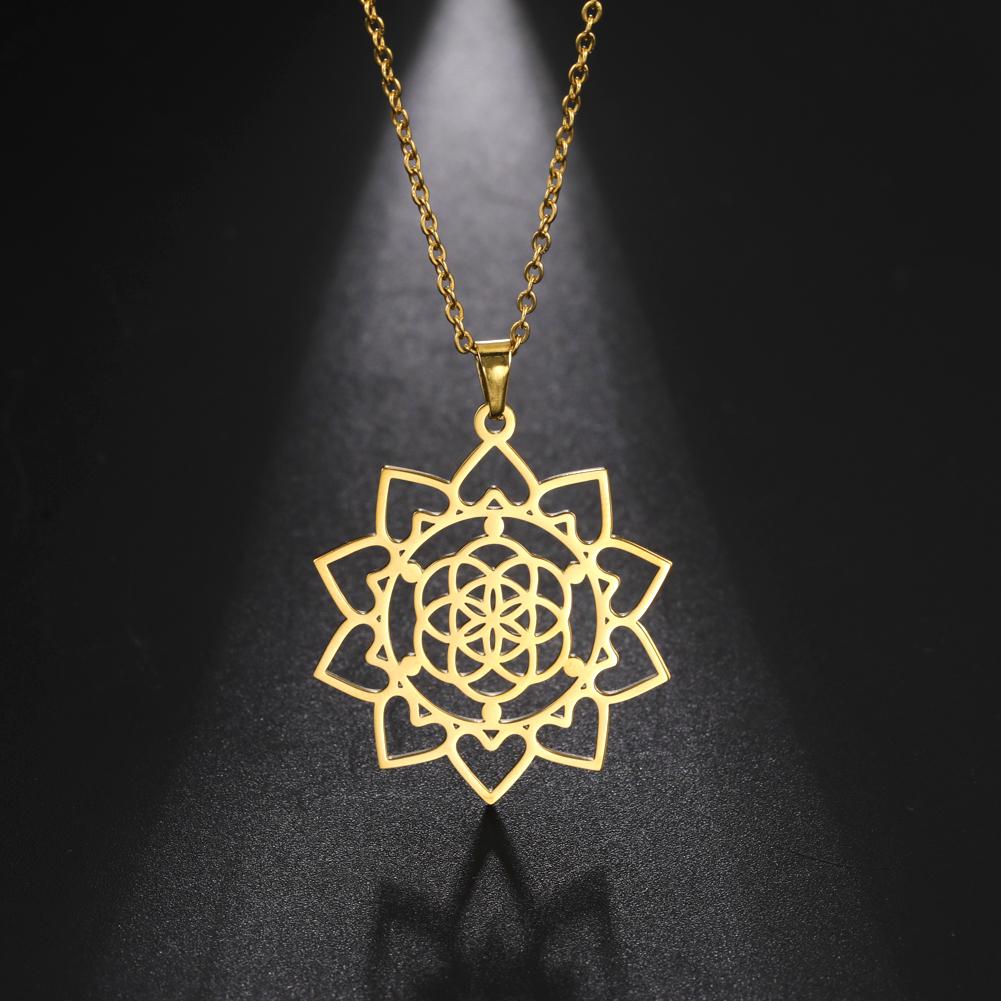 LIKGREAT Flower of Life Pendant Necklace for Women Mandala Chakra Hollow Stainless Steel Charms Jewelry Geometry Amulet Gift