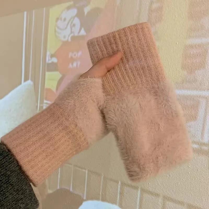 Warm And Cold-proof Plush Half-finger Gloves for Women Versatile Cute Office Wear for Autumn And Winter
