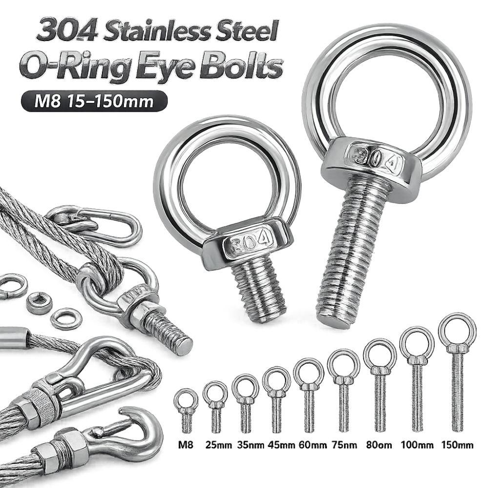304 Stainless Steel Eye Bolts M8 15-150mm Lifting Bolts Eyelets Lifting, Marine, Etc.