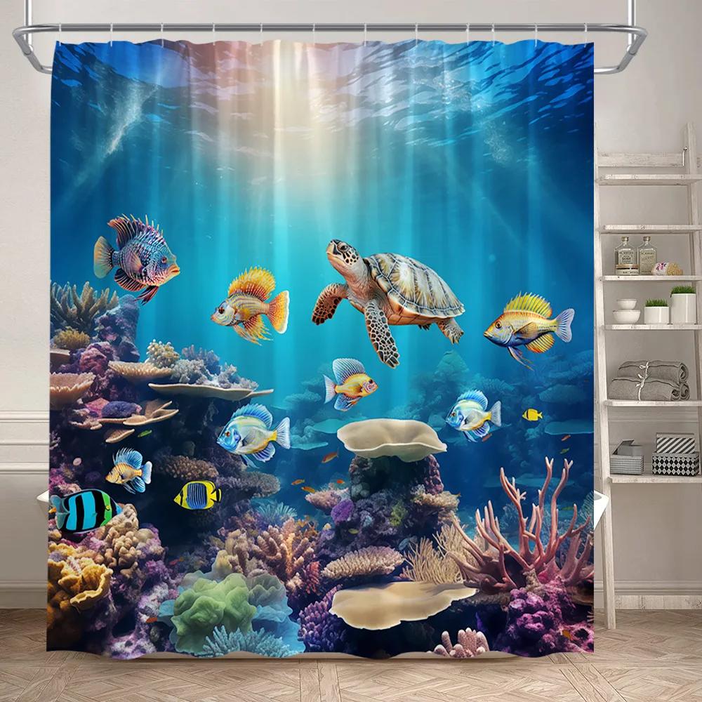 VIKAMA Underwater World Theme Shower Curtain - Waterproof and Mold-Resistant Bathroom Partition Curtain for Home Decoration