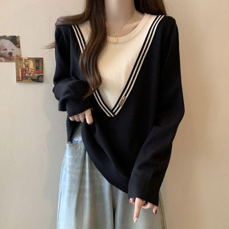 Women's Plus Size Slimming Striped Faux Two-Piece Sweatshirt with Straight Shoulders for Autumn/Winter
