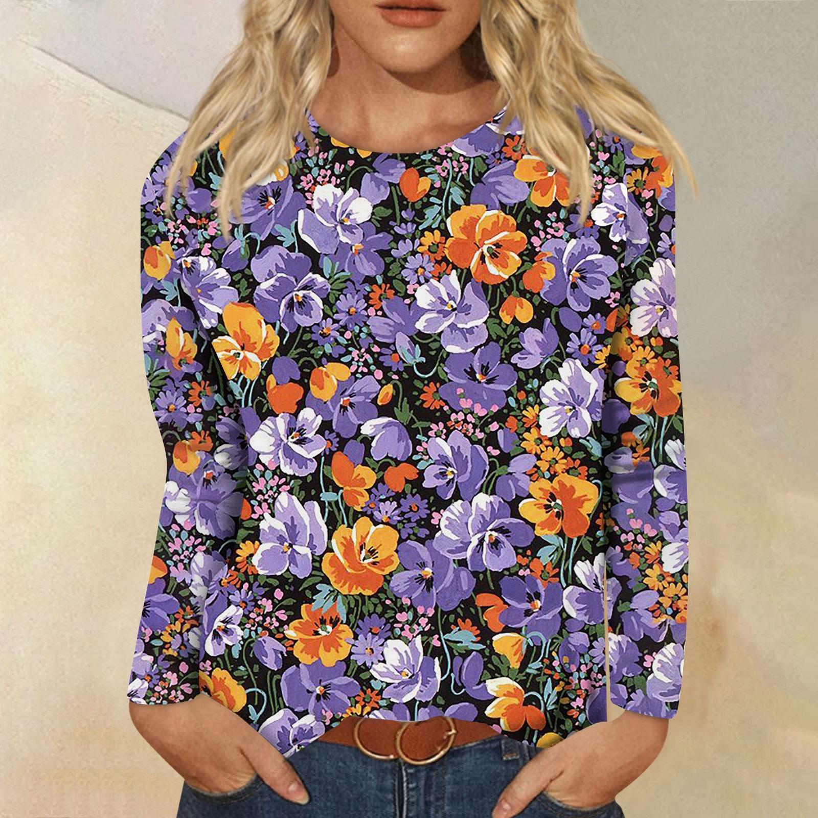 

Женская мода, повседневная блузка с длинным рукавом и цветочным принтом, пуловер с круглым вырезом XL фиолетовый