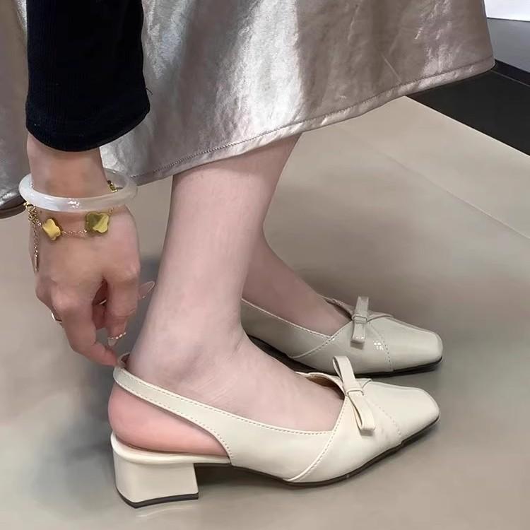 French Square Head Bow Thick Heel Bag Head Sandals Women's 2025 Summer Shallow Mouth Gentle Temperament Empty Single Shoes