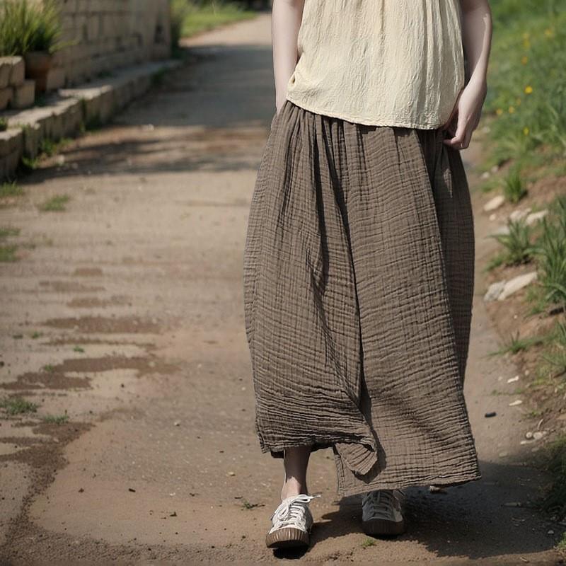 Johnature Women Vintage Skirts Summer Elastic Waist Solid Color Soft A-Line Female Loose Skirts