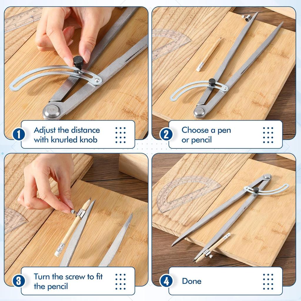 Zonon Professional 12 Inch Large Compass with Wing for Woodworking and 6 Inch Protractor Set, Pencil Compass for Geometry Math Carpenter, Drafting,
