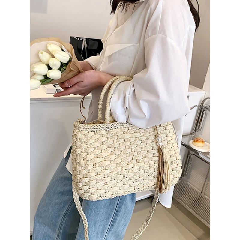 Bolso de Paja Tejida de Gran Capacidad para Verano Estilo Francés Fashi Borla Vacati Bolsos Cruzados Vintage Versátil Bolso de Mano Casual